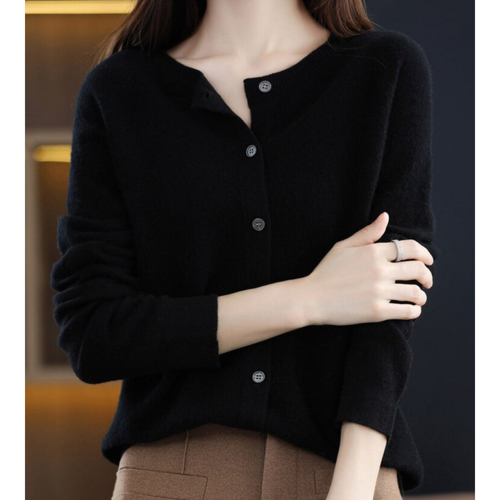 Soft knit women's O-neck cardigan, an elegant and cozy sweater for fall & winter layering.