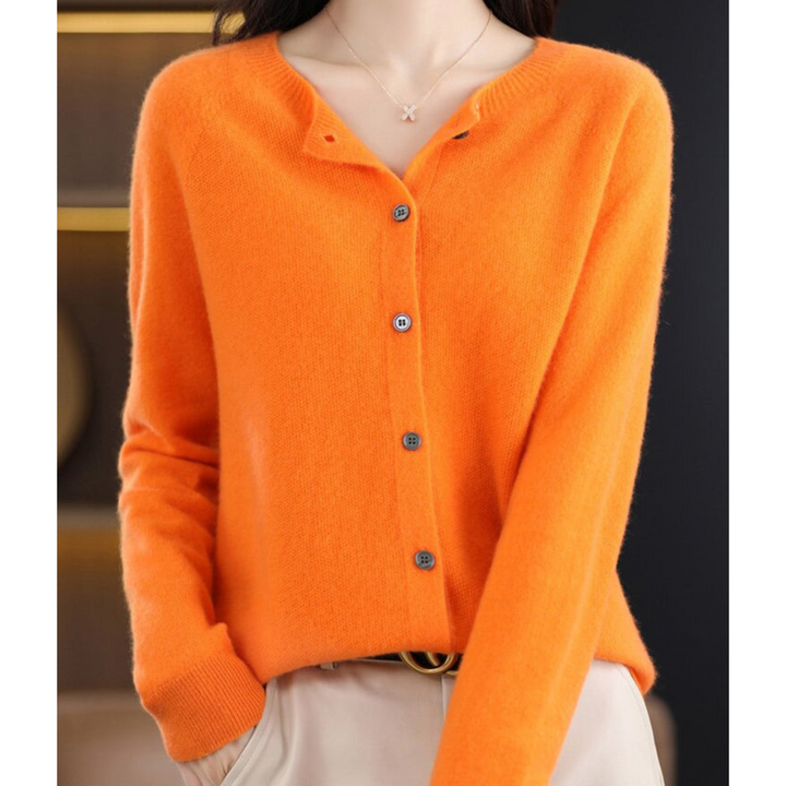 Chic women's luxury O-neck cardigan, perfect for elegant winter outfits & cozy layering.