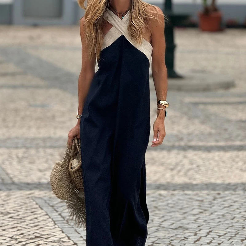 Sophisticated women's cross neck maxi dress, perfect for elegant special occasions and evening parties.