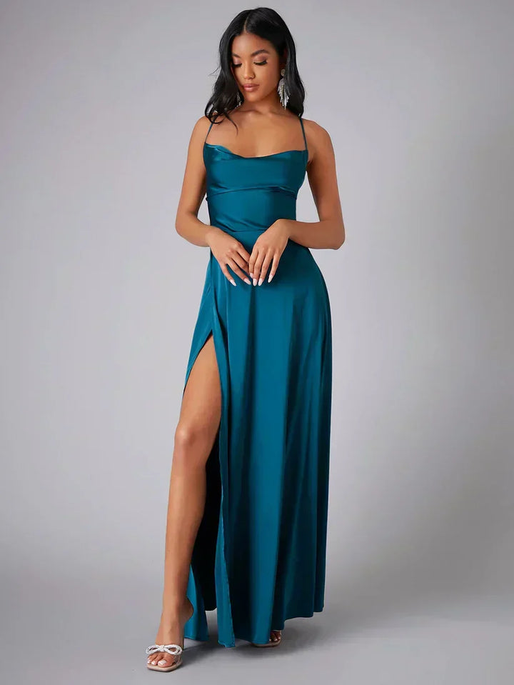 Elegant Women's Maxi Dress with a sophisticated high slit and alluring open back, perfect for special occasions.