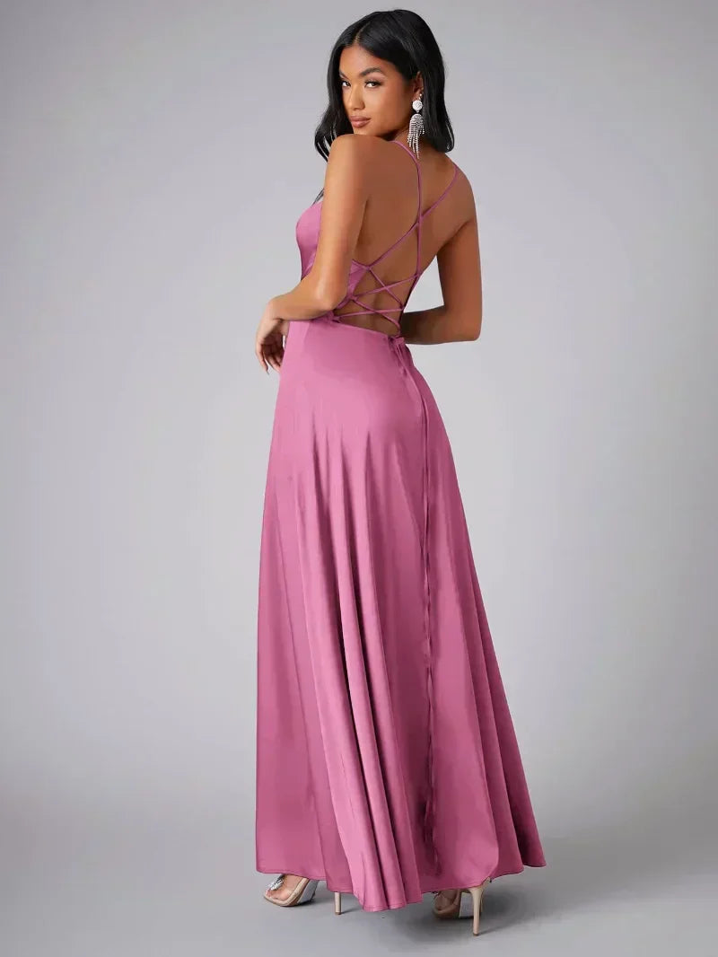 Formal Women's Evening Gown, a long design with a stylish open back and leg-baring high slit.