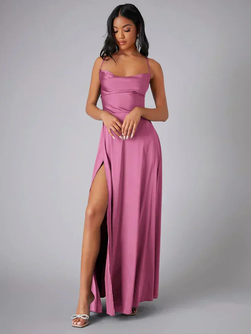 Chic Women's Party Dress, sleeveless maxi style featuring a dramatic high slit and elegant open back.