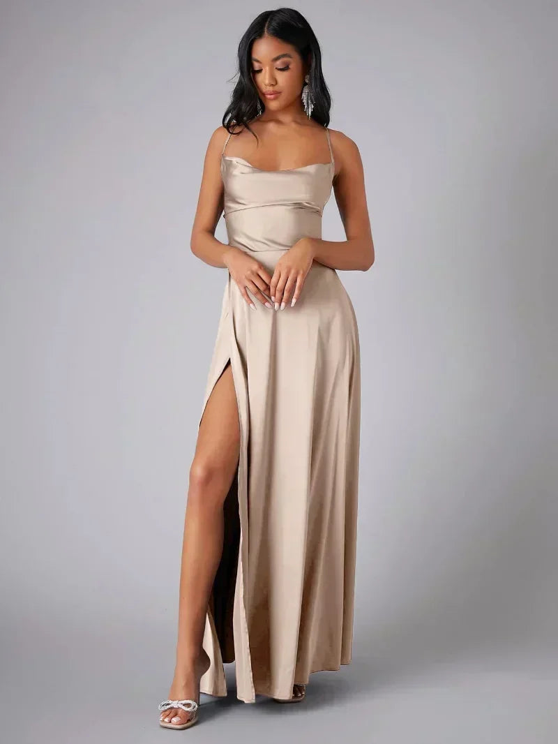 Stunning Pink Women's Maxi Dress, elegant formal wear with a sexy high slit and captivating open back.