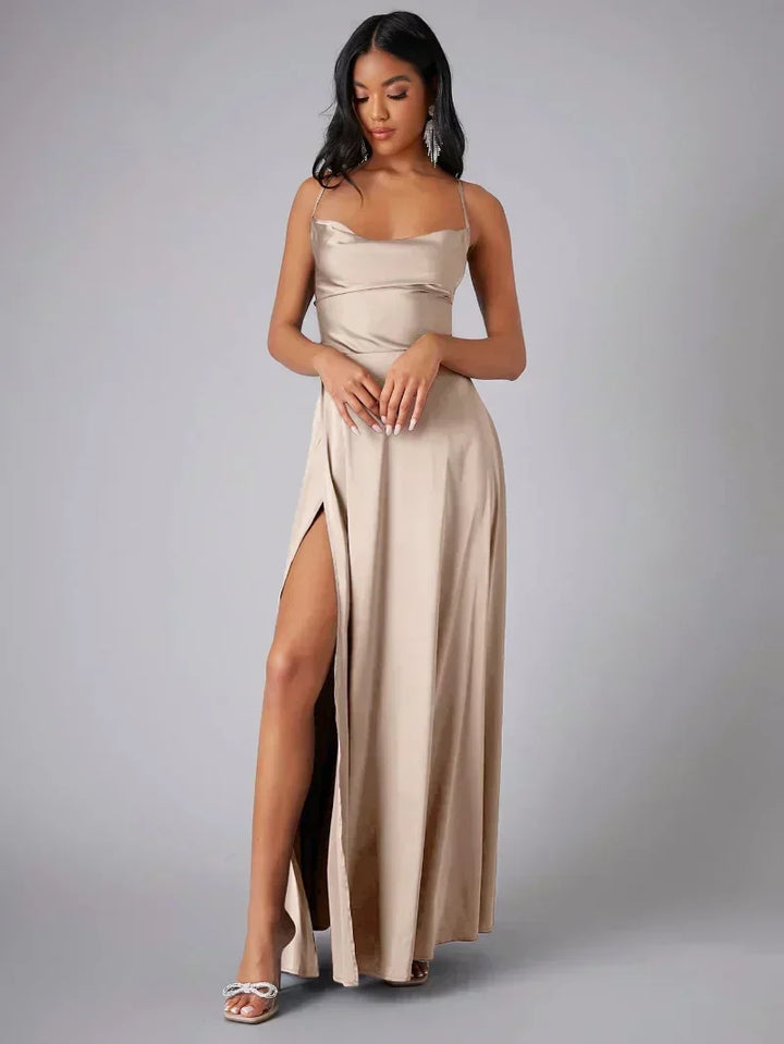 Stunning Pink Women's Maxi Dress, elegant formal wear with a sexy high slit and captivating open back.