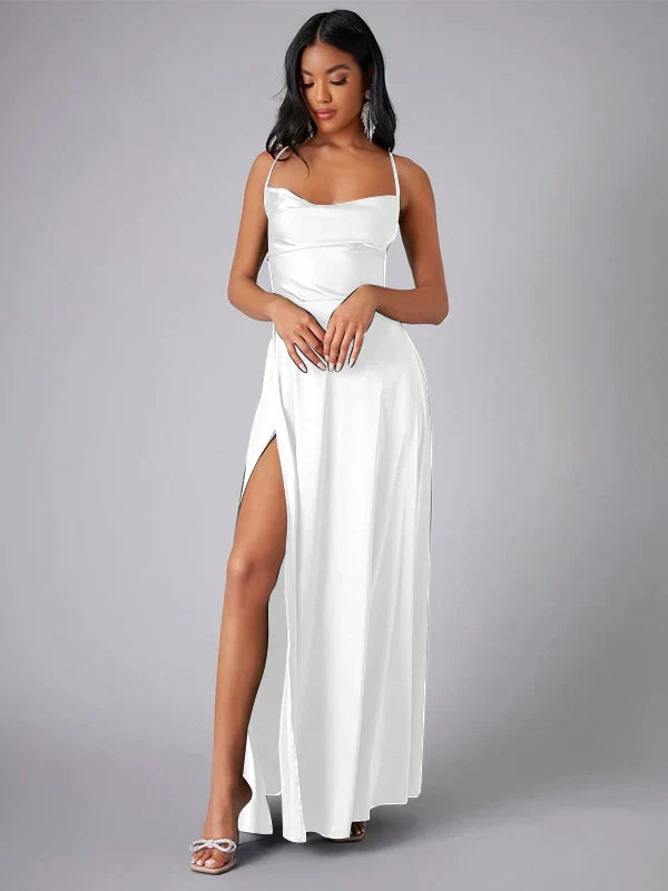 Classic Black Women's Long Dress, perfect for evenings, featuring a graceful open back and daring high slit.