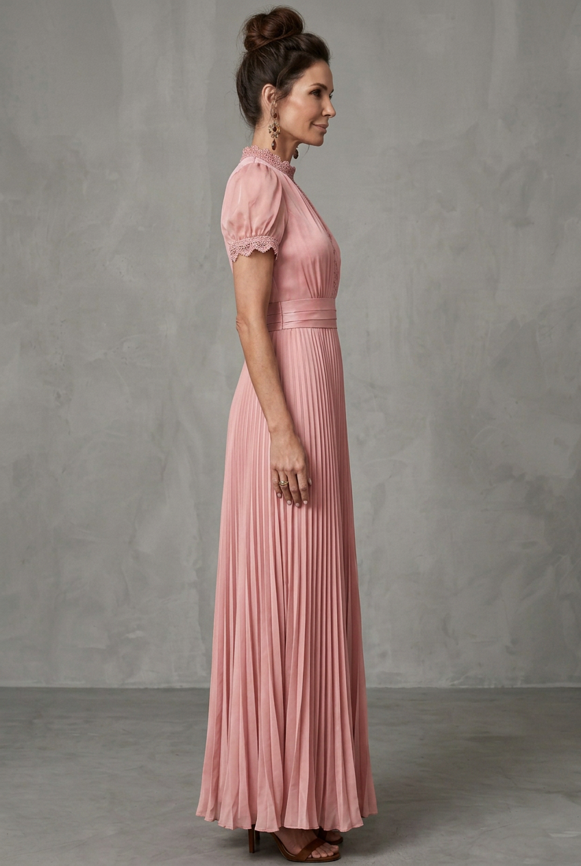 Pleated long dress for women featuring beautiful lace details & chic puff sleeves, ideal for parties.