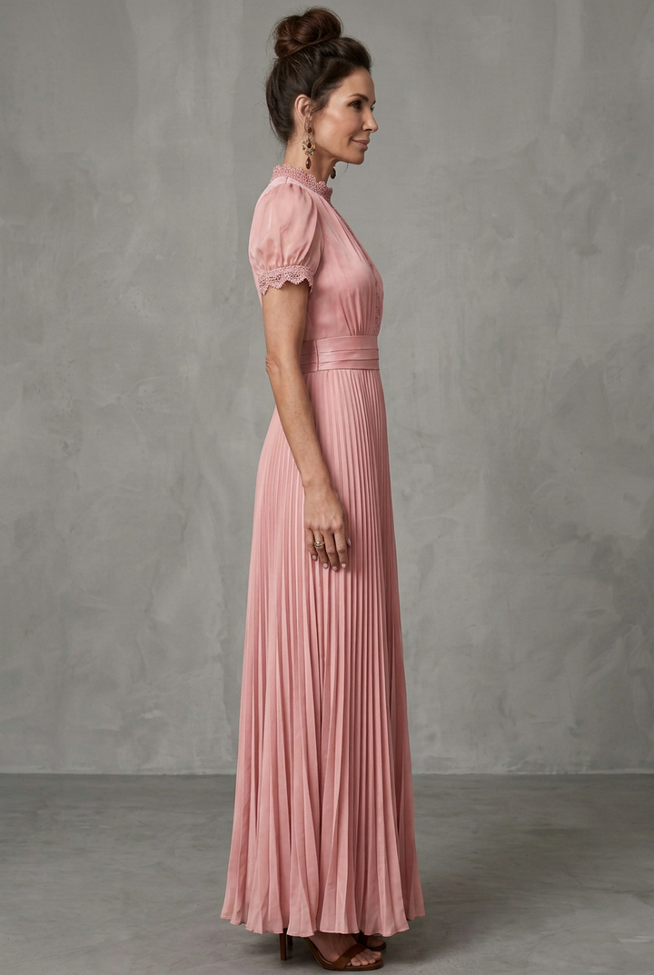 Pleated long dress for women featuring beautiful lace details & chic puff sleeves, ideal for parties.