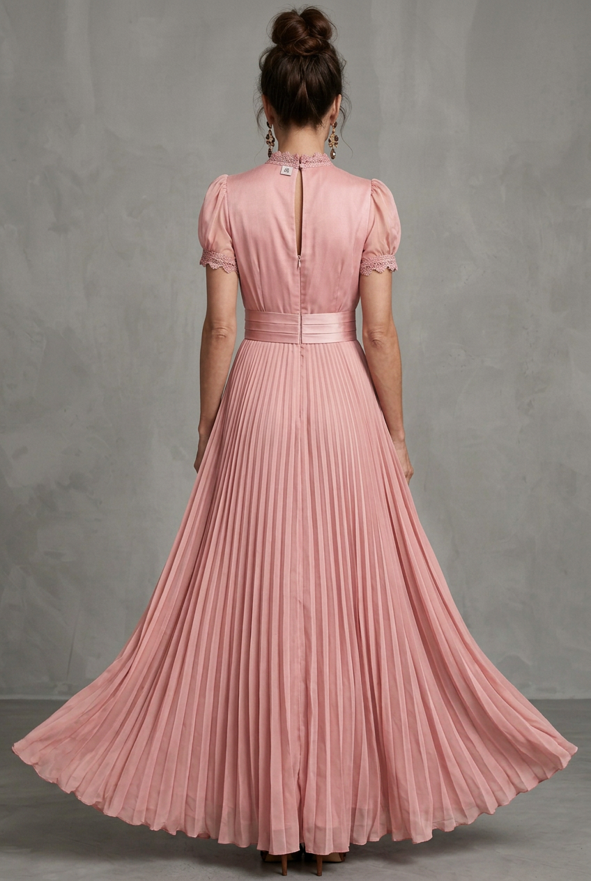Stylish women's lace-trim maxi dress with flowy pleats & puff sleeves, an elegant choice for any party.