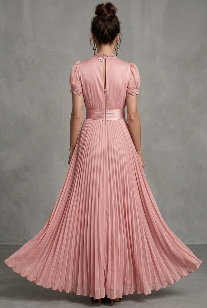 Stylish women's lace-trim maxi dress with flowy pleats & puff sleeves, an elegant choice for any party.