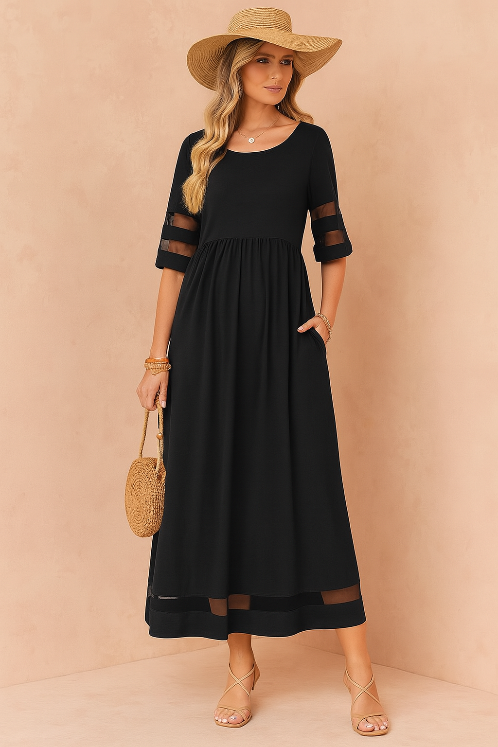 Elegant women's maxi dress with round neck & practical pockets. Perfect for sophisticated timeless style and comfort.