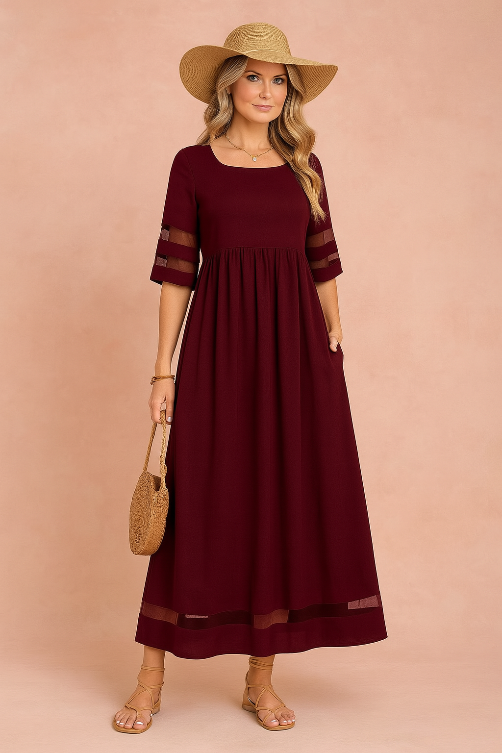 Stylish black maxi dress for women, featuring a round neck & pockets. Ideal for elegant casual or evening occasions.