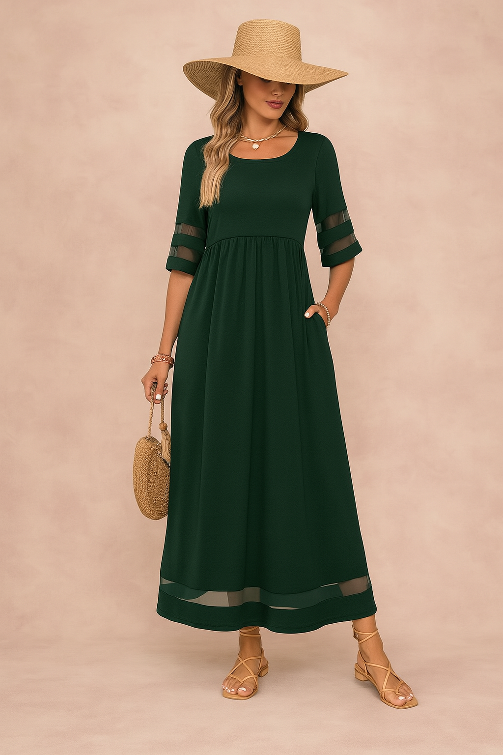 Comfortable green women's elegant maxi dress. Features a round neck, pockets, and timeless style for any occasion.