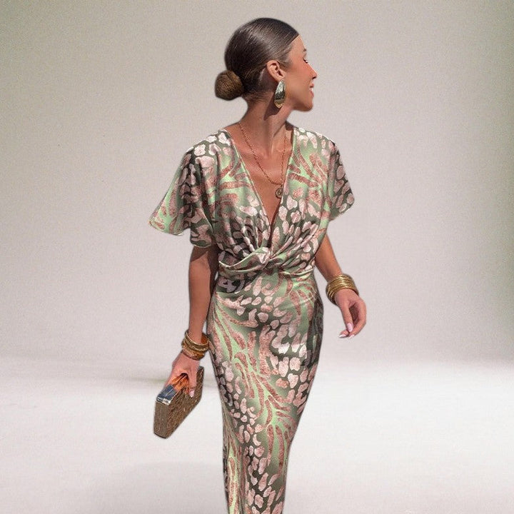 Chic ladies V-neck maxi dress, an elegant formal dress with a unique design for special occasions.