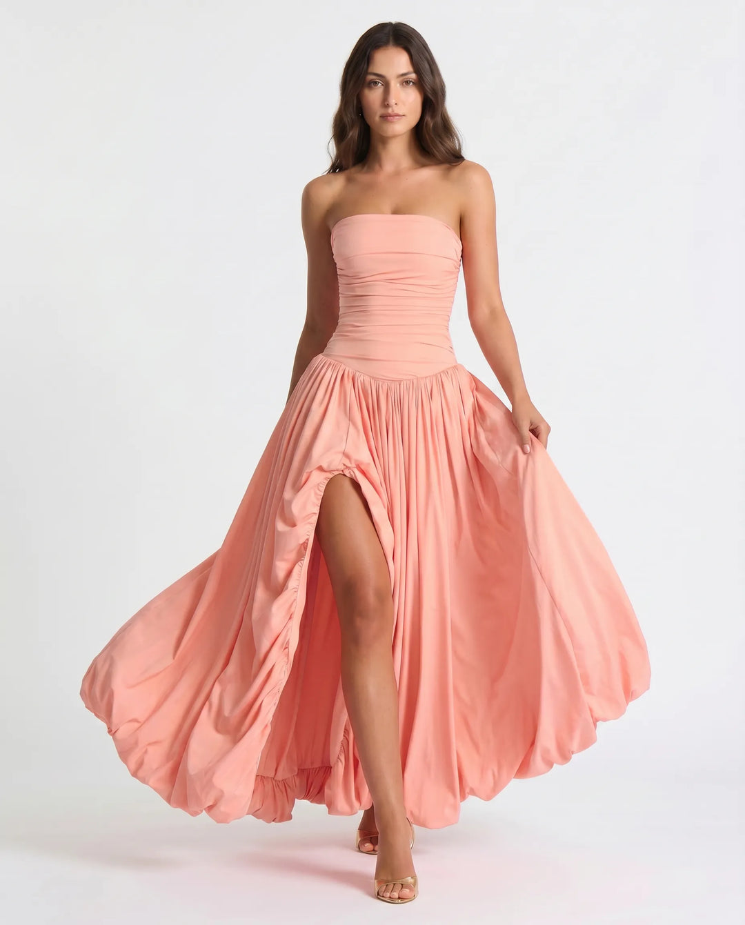 Back view of an elegant women's formal dress, a stunning statement maxi gown for evening events.