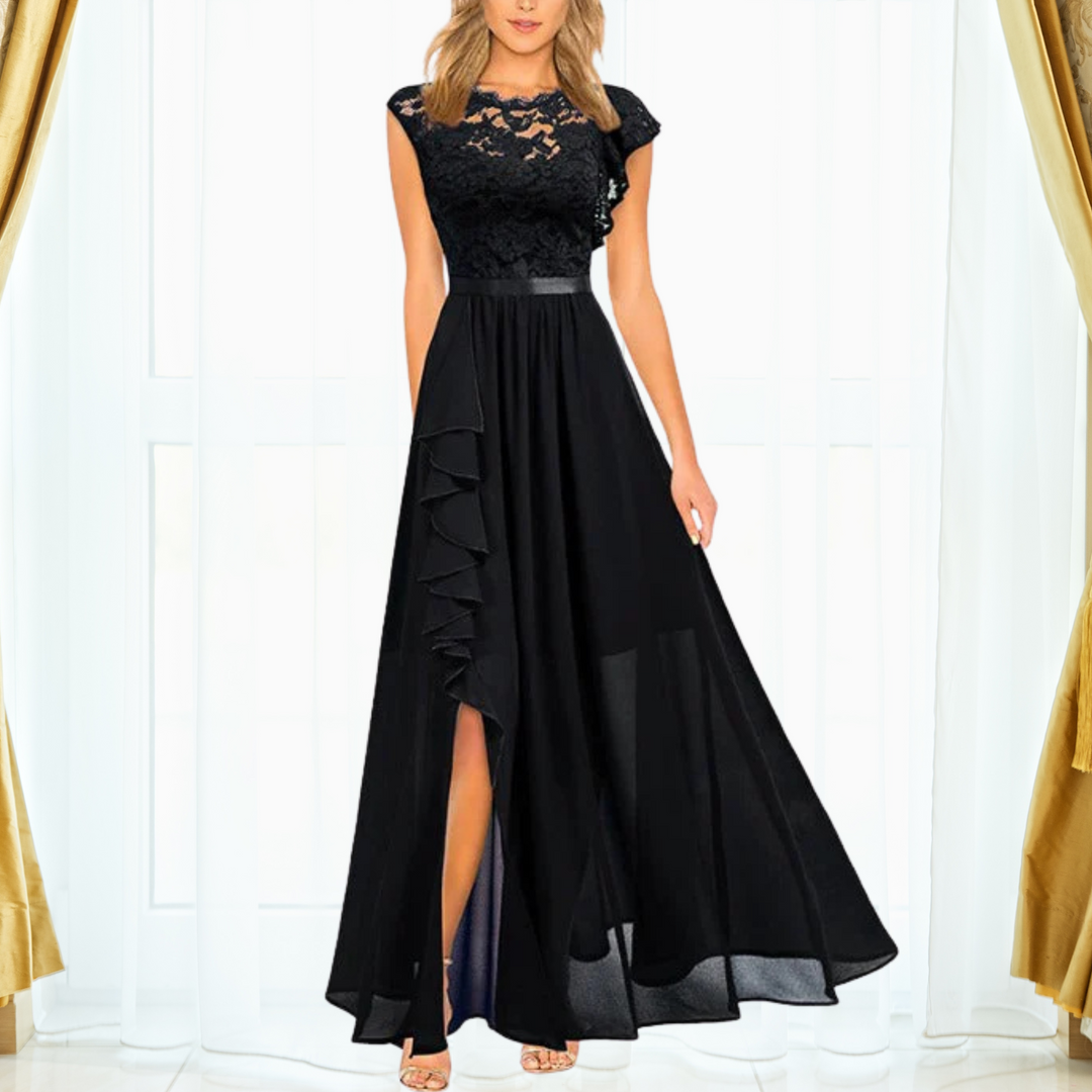 Elegant women's maxi evening gown with a flattering split, perfect for formal events, parties, or special occasions.