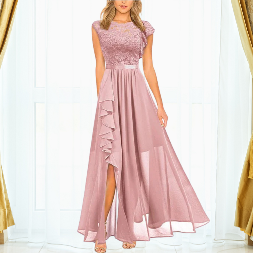 Formal women's evening gown, an elegant maxi dress featuring a stylish split, suitable for sophisticated events.