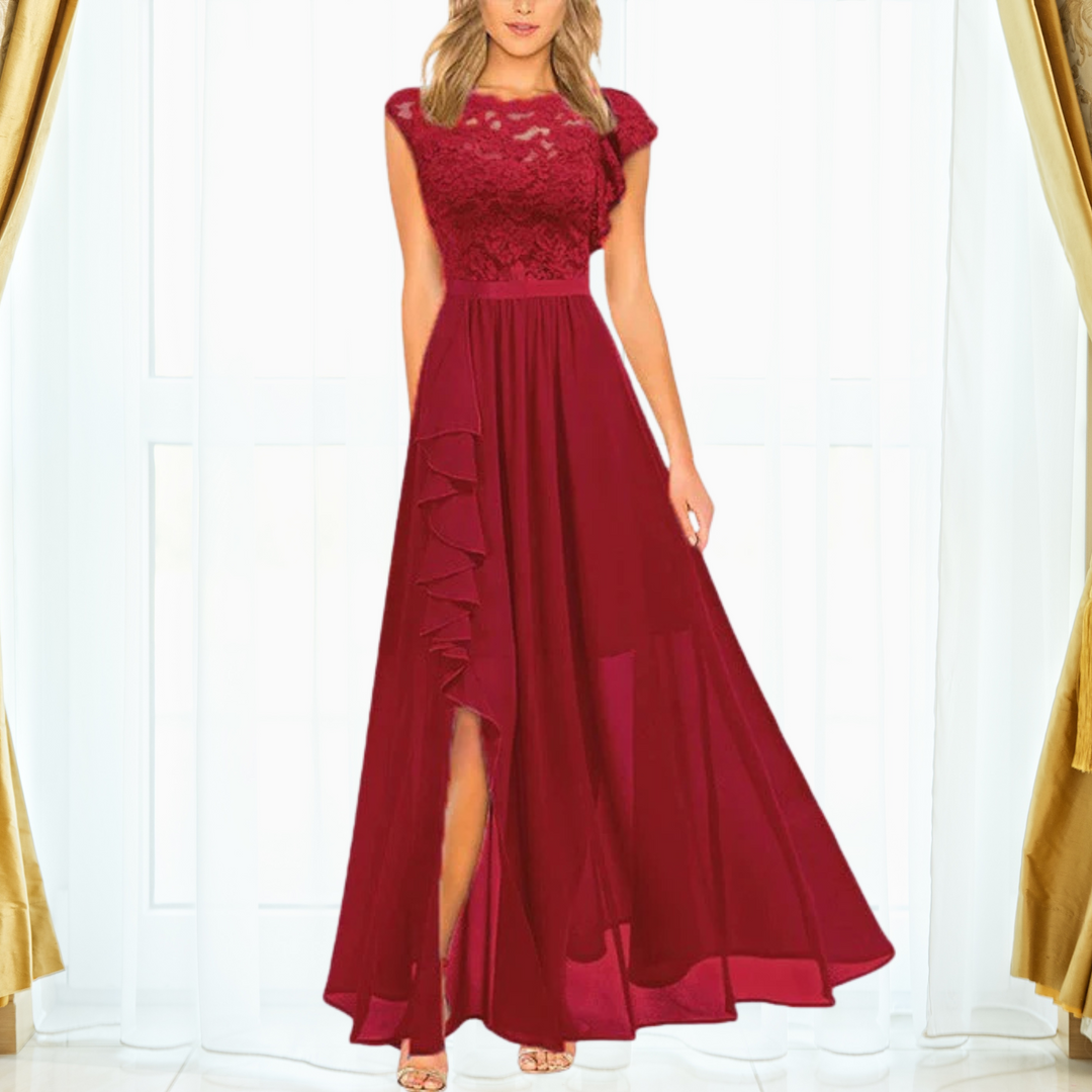 Long elegant women's maxi dress with a side split, a sophisticated evening gown for parties and special occasions.