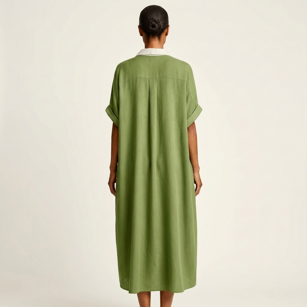 Women's elegant button-front maxi dress. Short sleeves & contrast collar. Versatile for casual or stylish looks.