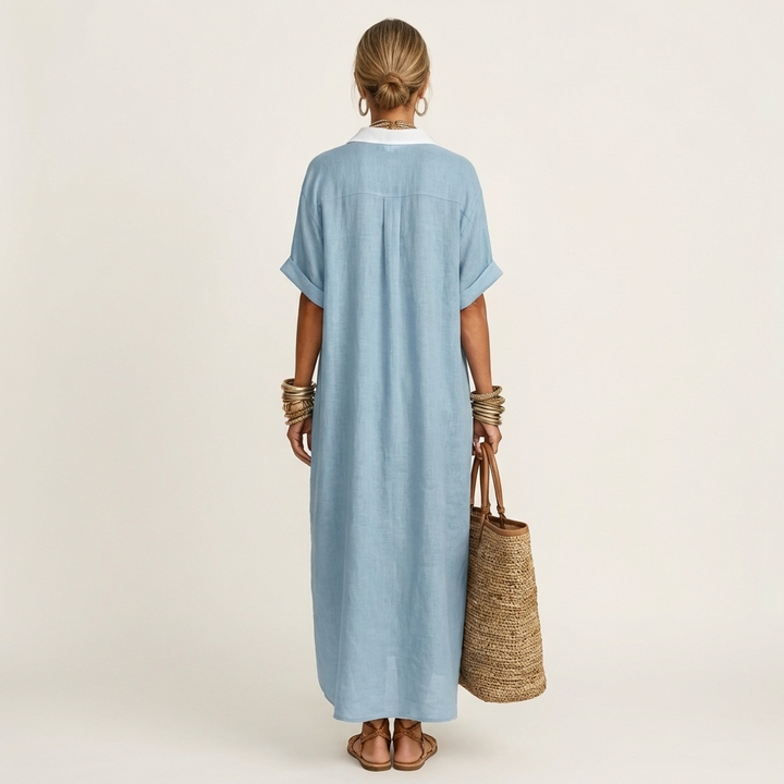 Stylish women's button-front maxi dress. Features a chic contrast collar & relaxed fit for casual wear.
