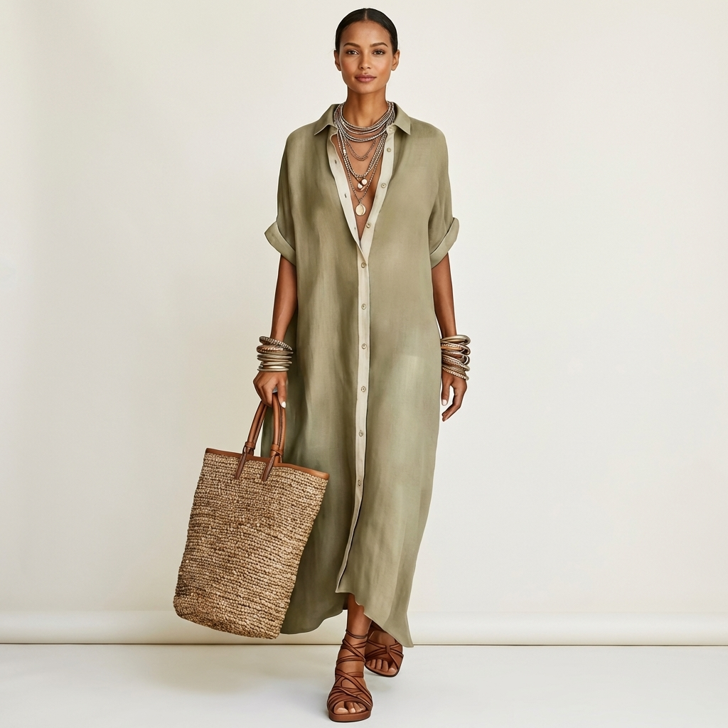 Women's elegant short-sleeve maxi shirt dress. Contrast collar, full button-front, ideal for vacation.