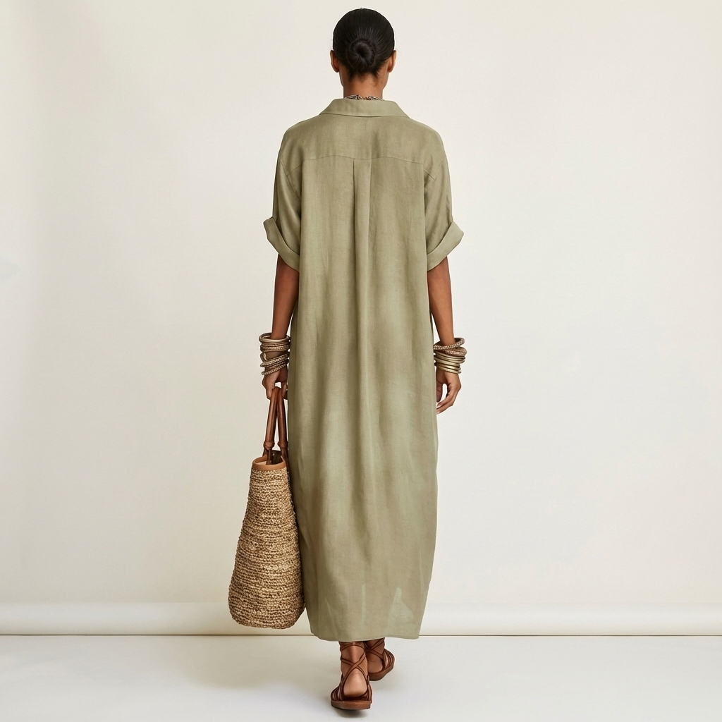 Casual yet stylish women's maxi dress. Relaxed fit, contrast collar, short sleeves, and button-front.