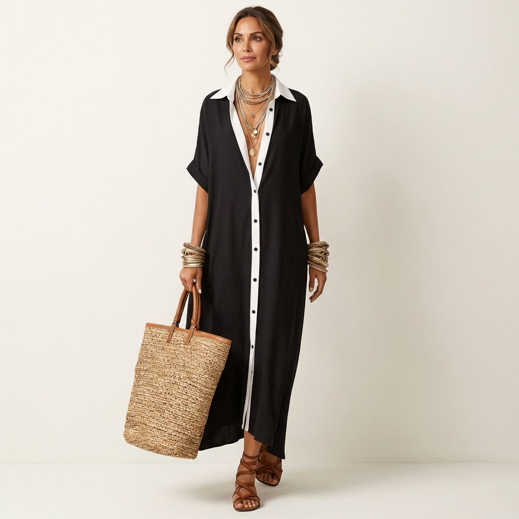 Spring/summer women's maxi shirt dress. Elegant design with contrast collar, short sleeves & button-front detail.