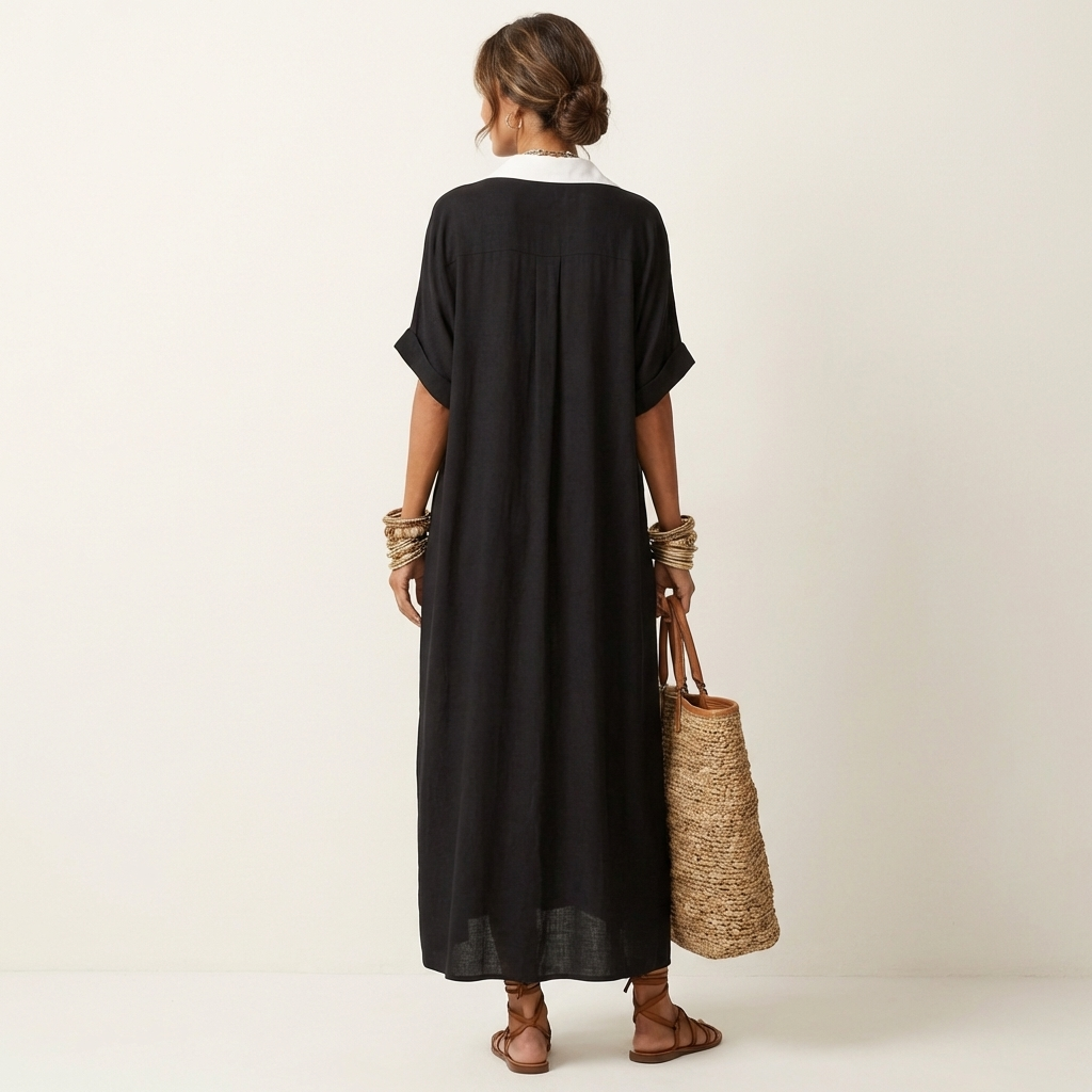 Women's elegant button-front maxi dress with a sophisticated contrast collar and comfortable relaxed fit.