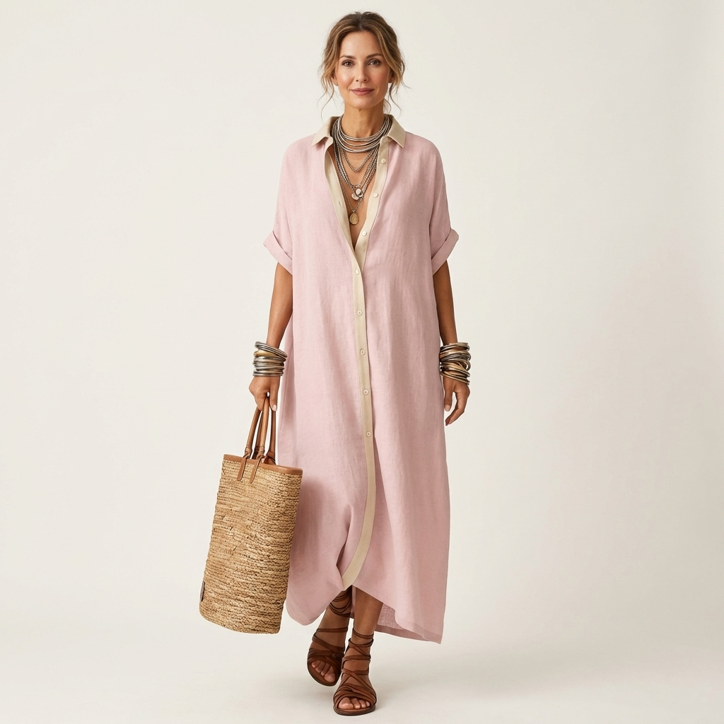 Stylish women's short-sleeve maxi shirt dress, featuring a chic contrast collar and full button-front closure.