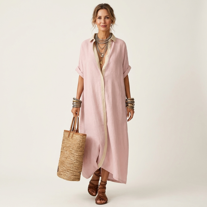 Stylish women's short-sleeve maxi shirt dress, featuring a chic contrast collar and full button-front closure.