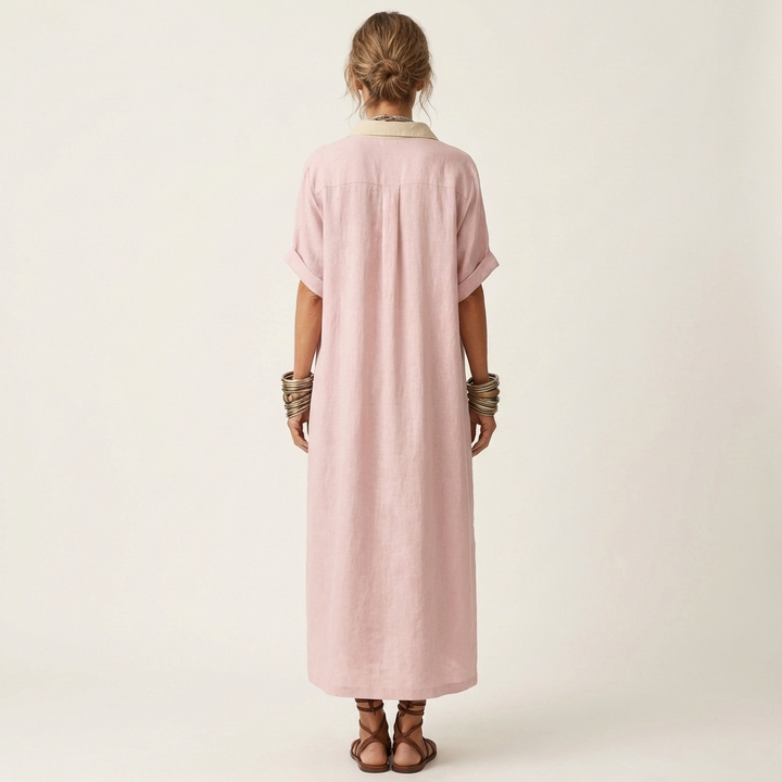 Everyday elegant women's maxi dress. Relaxed fit, contrast collar, and button-front for spring/summer style.