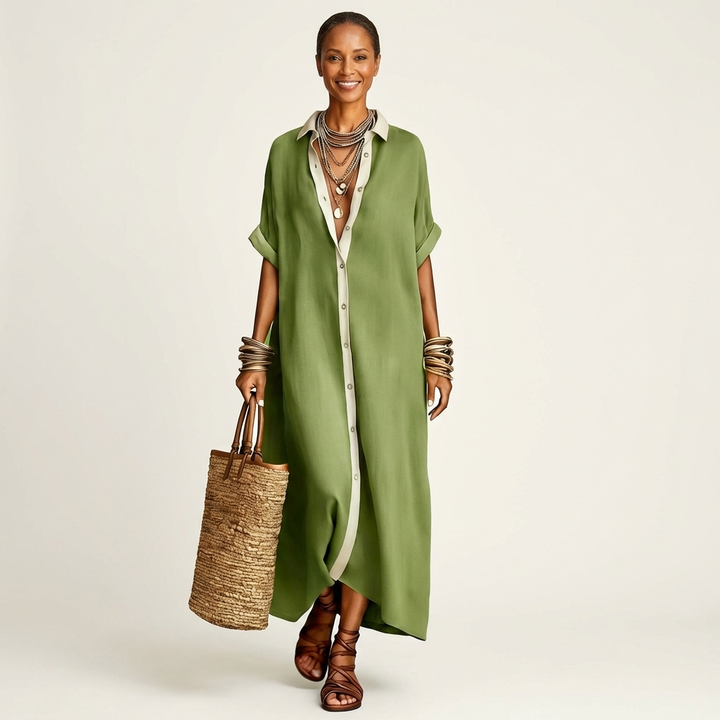 Vacation-ready women's maxi shirt dress. Contrast collar, short sleeves, button-front, perfect for warm days.