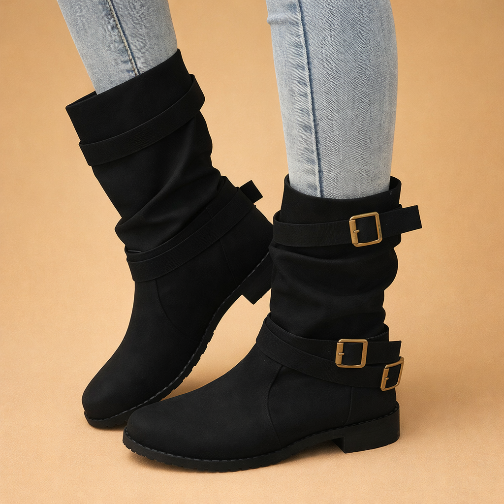 Elegant women's mid-calf boots with stylish buckle detail, perfect for winter fashion.