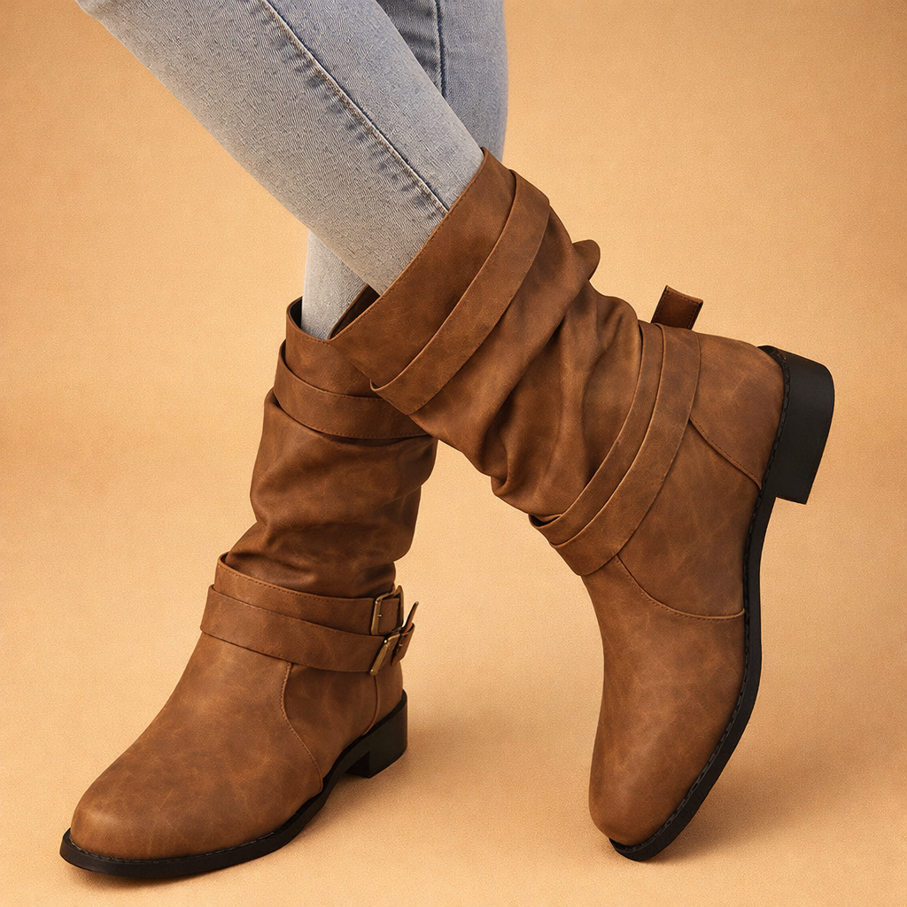 Chic women's winter boots, featuring an elegant buckle and mid-calf design for timeless style.