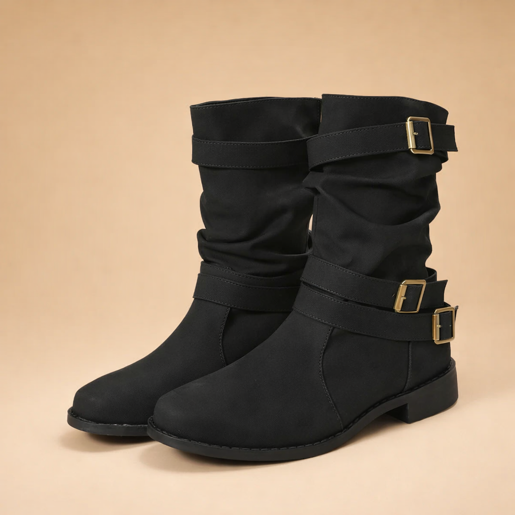 Timeless women's elegant mid-calf boots with a sleek buckle, perfect winter fashion footwear.