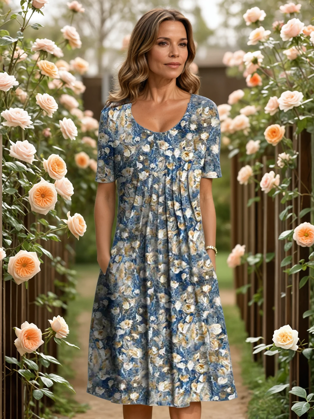 Chic women's summer floral midi dress featuring a flattering A-line silhouette and tummy control for an elegant look.