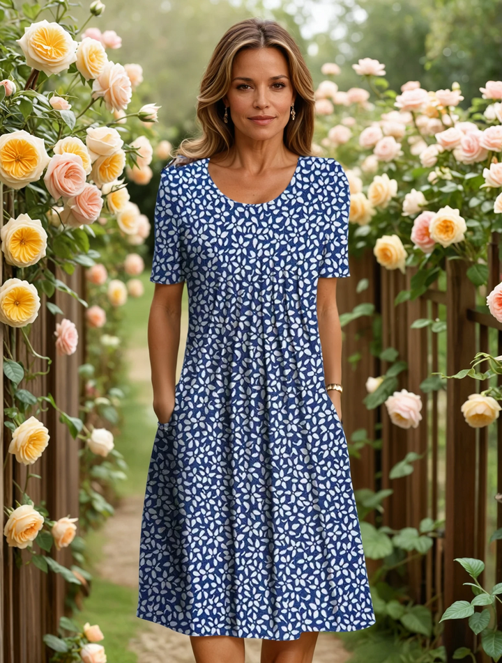 Beautiful women's floral casual dress, mid-calf length, offering elegant style and comfortable, flattering tummy coverage.