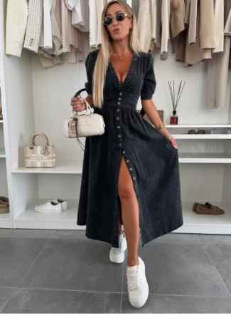 Chic women's midi dress, comfortable and versatile for everyday wear. Stylish elegant womenswear fashion.