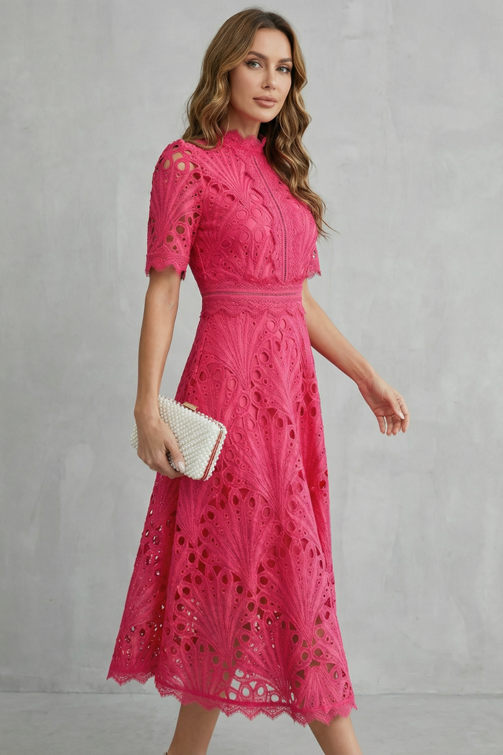Stunning women's wedding guest midi dress with elegant silhouette, perfect for formal summer events.