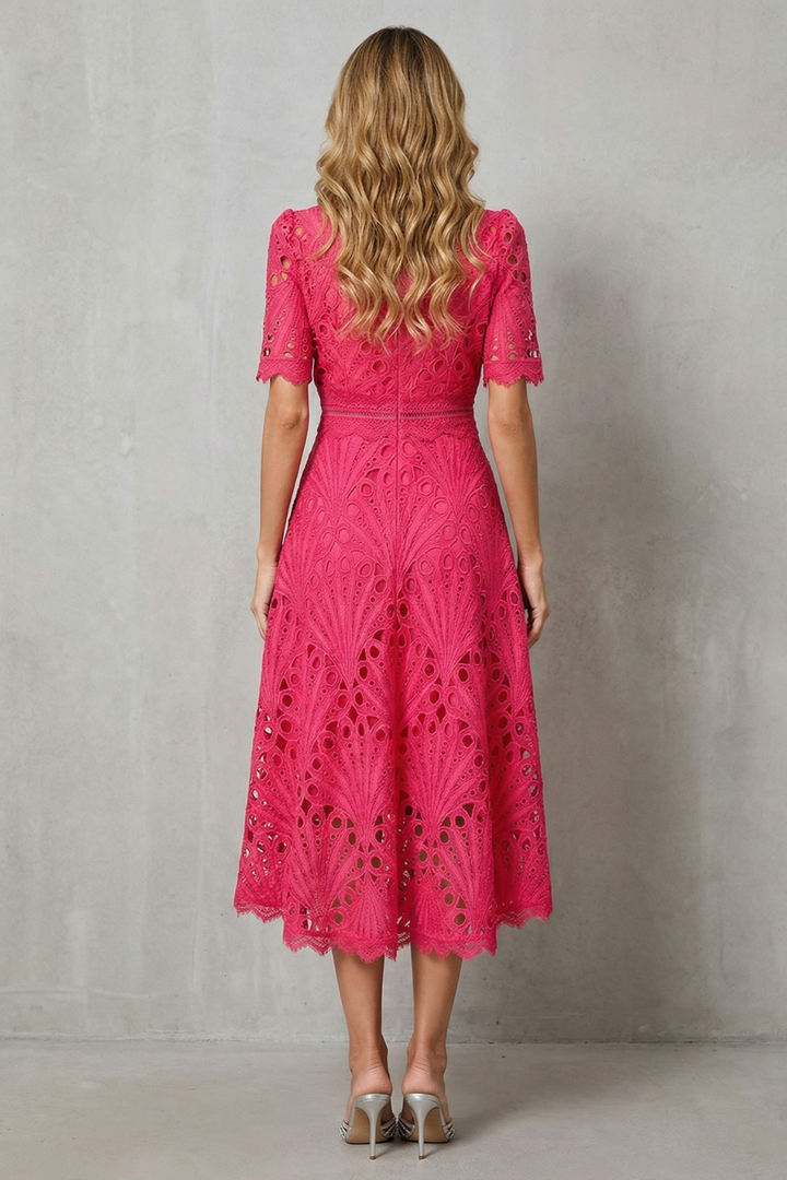 Classy women's elegant midi dress, suitable for dinner dates, garden parties & upscale gatherings.