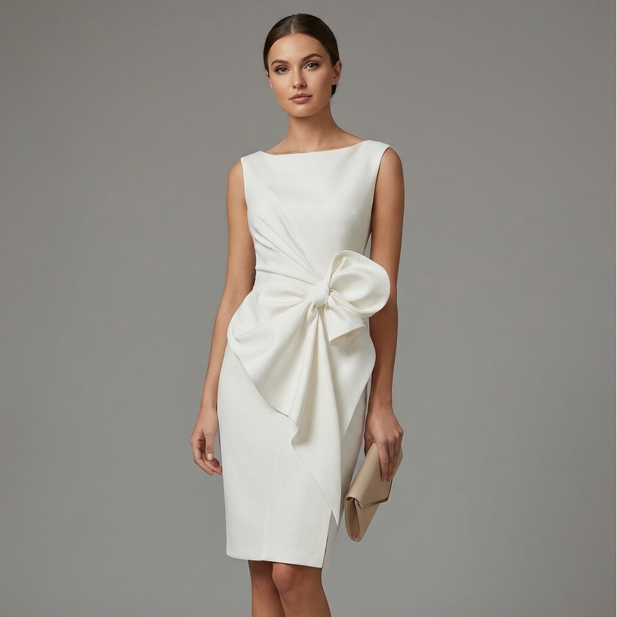 Elegant women's midi dress with a chic bow, perfect for wedding guests & formal events.