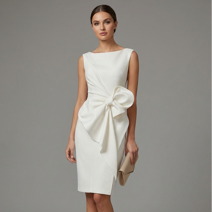 Elegant women's midi dress with a chic bow, perfect for wedding guests & formal events.