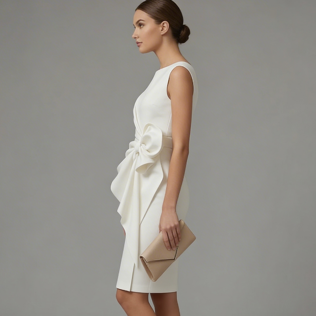 Sleeveless cocktail dress featuring a stylish bow, ideal for parties & special occasions.