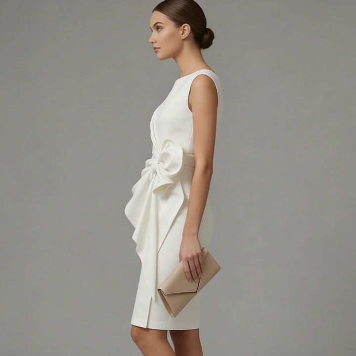 Sleeveless cocktail dress featuring a stylish bow, ideal for parties & special occasions.