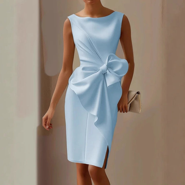 Asymmetric midi dress for women, adorned with a graceful bow, suitable for special events.