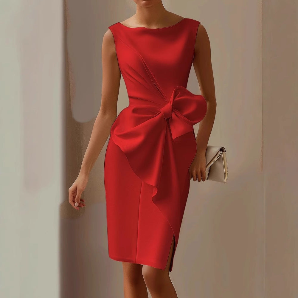 Formal women's party dress with a prominent bow, designed for elegance & occasions.