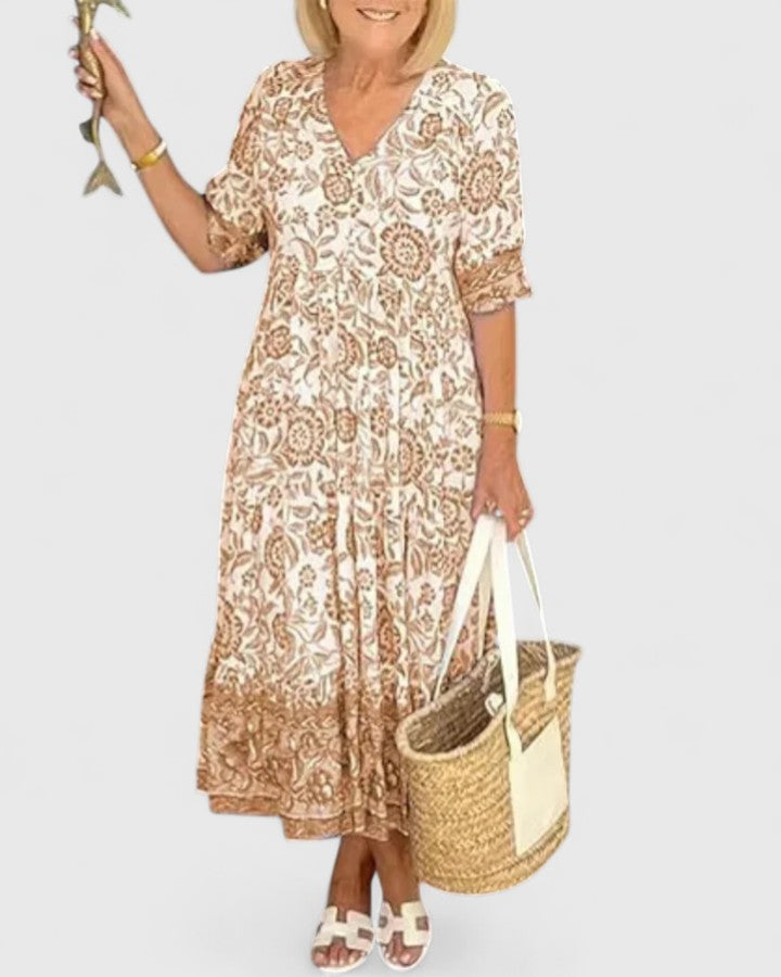 Purple elegant midi dress for women, with a stylish v-neck and half sleeves, suitable for various occasions.