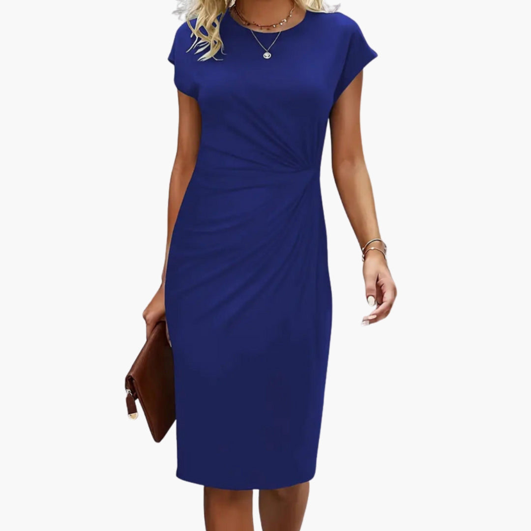 Professional women's elegant midi dress, round neckline & defined waist, suitable for formal or work wear.
