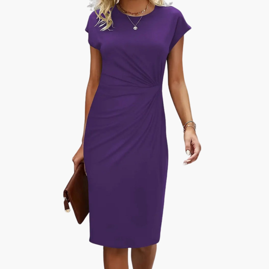 Modern women's elegant midi dress, round neckline, defined waist, a flattering and chic design.