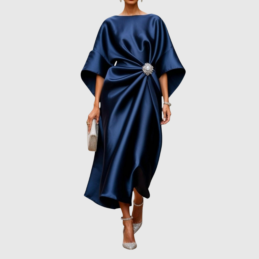 Elegant women's midi dress with brooch waist, ideal for formal events, parties, and special occasions.