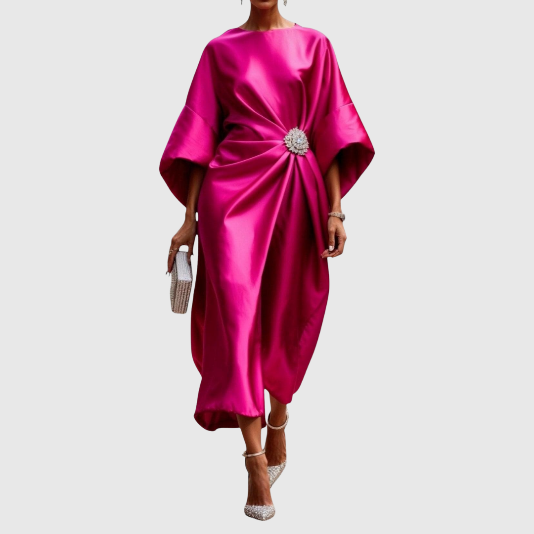 Formal women's midi dress with kimono sleeves and brooch accent. An elegant party or evening gown for special occasions.